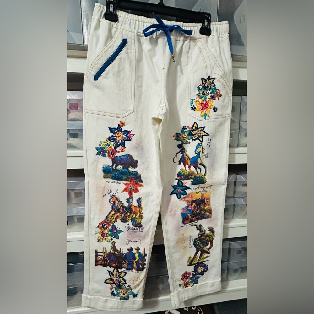 Double D Ranch White Jeans with Colorful Embroidery